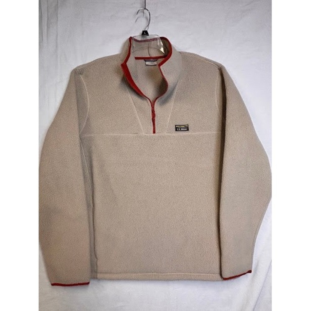 LL Bean Mens XXL Tall Fleece Quarter Zip Pullover Oatmeal Beige Red Trim 512297